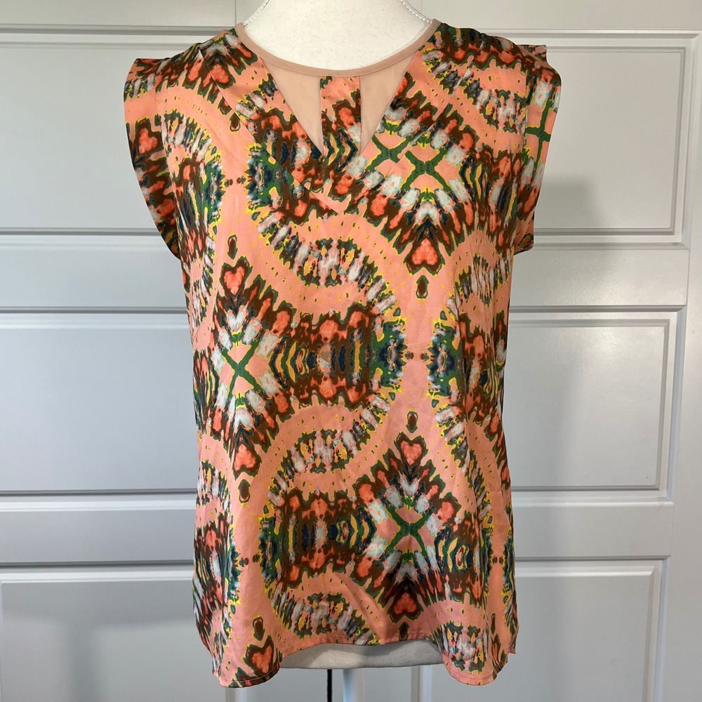 Collective Concepts Sleeveless‎ Blouse Abstract Print Top Sheer Back S